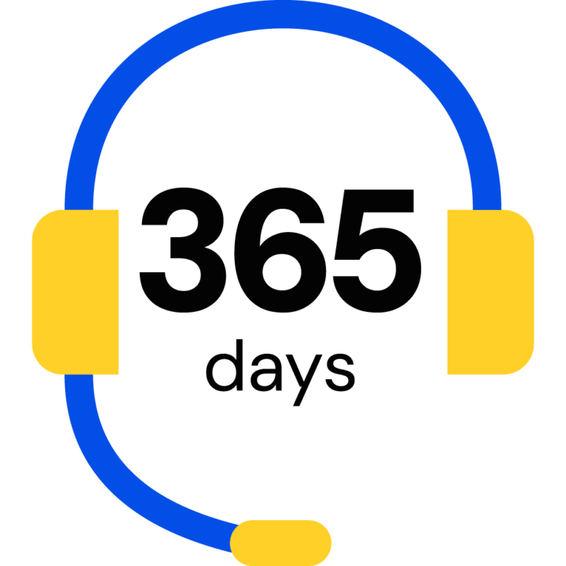 Clean graphic design spot illustration of a headset and "365 days" representing ride availability for Yellow Cab Co. in Des Moines, Iowa