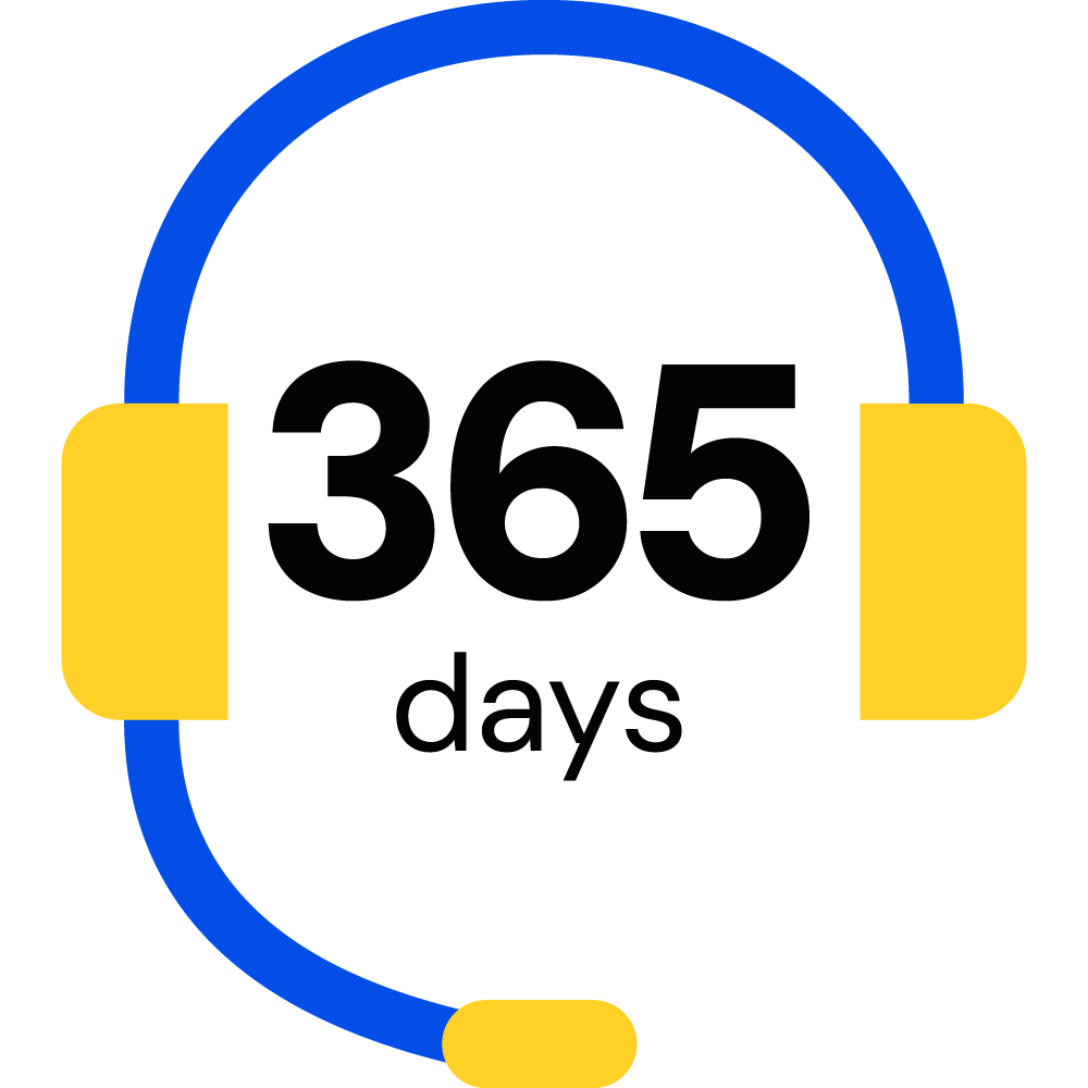 Clean graphic design spot illustration of a headset and "365 days" representing ride availability for Yellow Cab Co. in Des Moines, Iowa