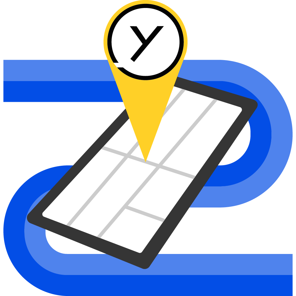 Clean graphic design spot illustration of a phone with a pin in it representing app tracking for Yellow Cab Co. in Des Moines, Iowa